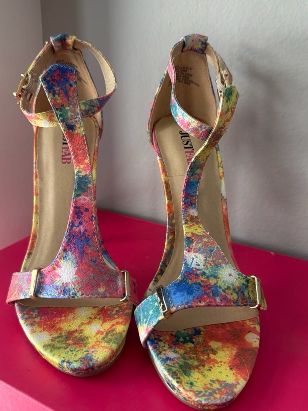 JustFab Multicolor Watercolor T-Strap Heels